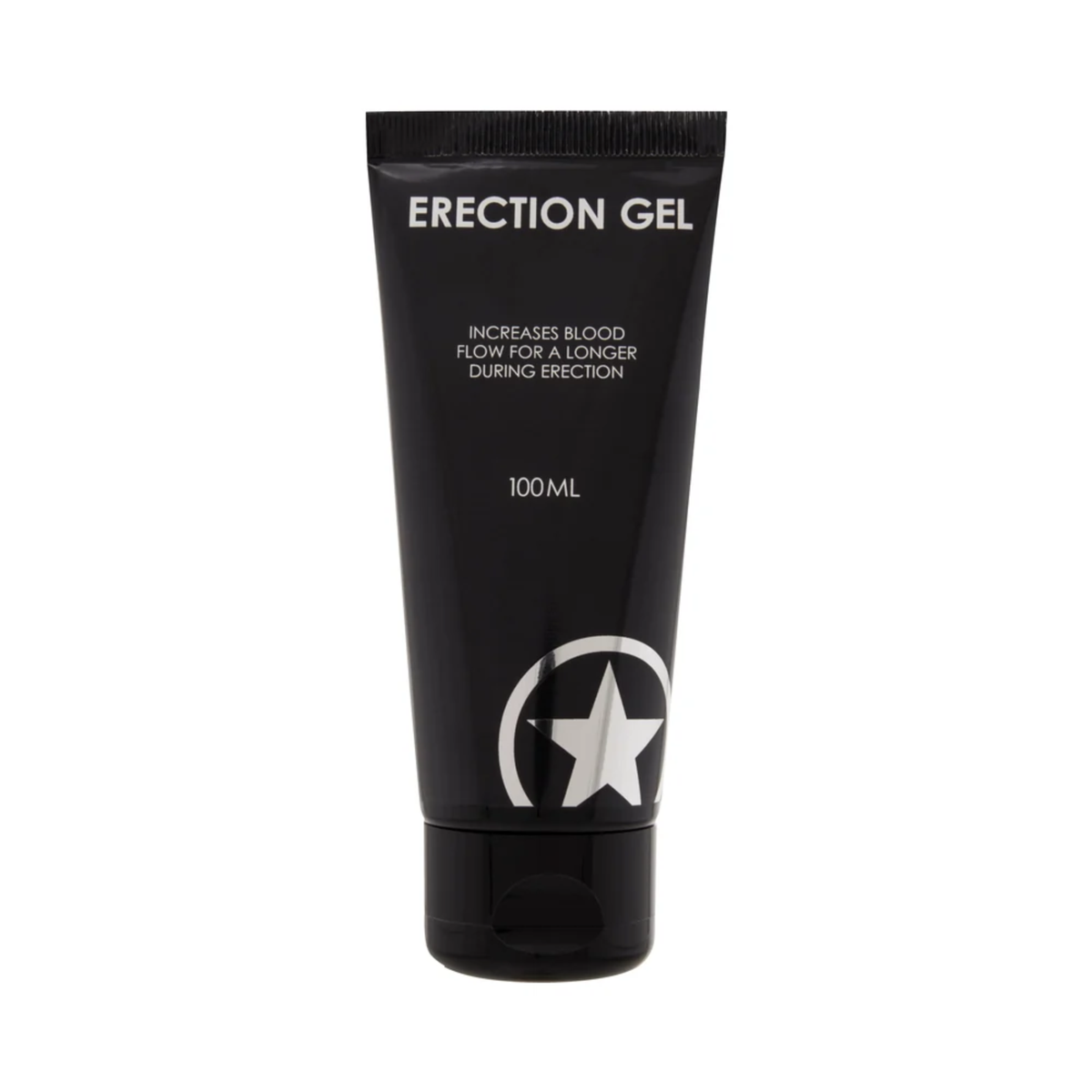 Front studio view of a 100 ml (3.38 fl oz) matte black squeeze tube of Shots Erection Gel featuring white text stating "Increases blood flow for a longer during erection" and a silver star logo near the base Main image