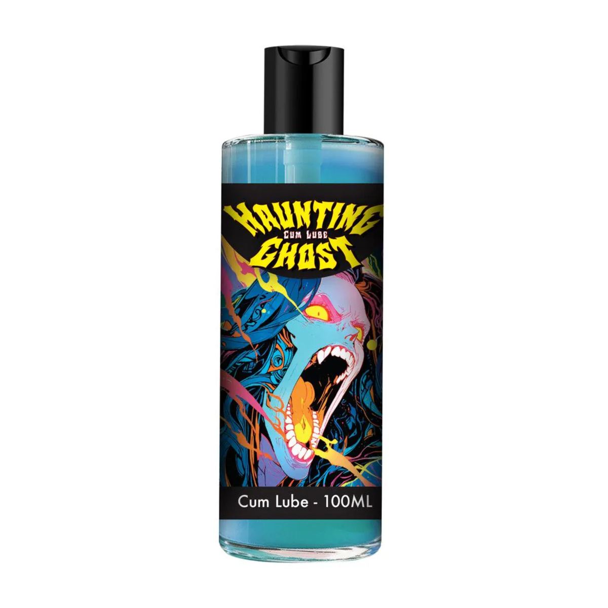 Front studio shot of the clear bottle filled with blue-tinted lubricant, featuring a vibrant, colorful illustration of a screaming female phantom face beneath yellow logo text reading "Haunting Ghost Cum Lube". Main image