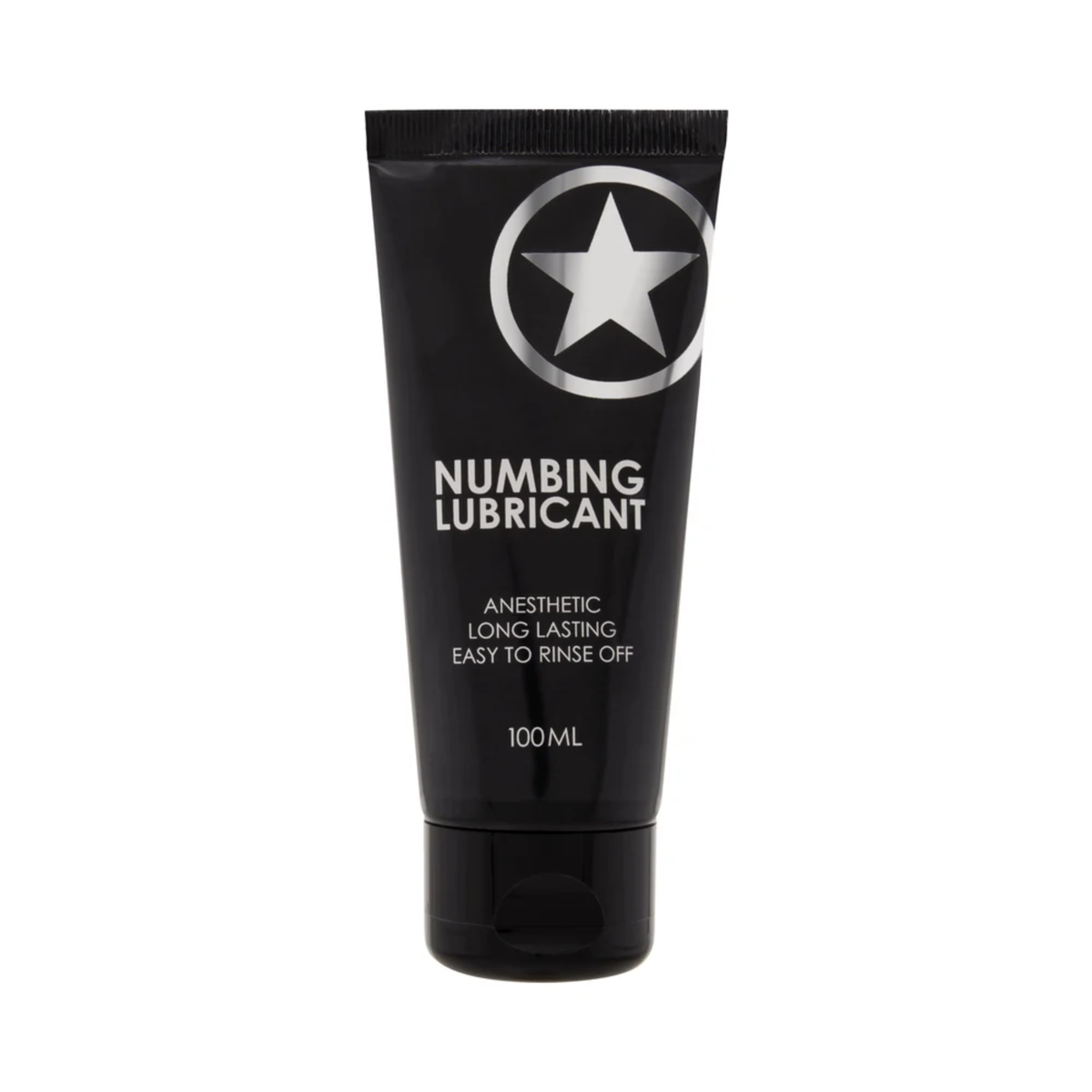 Front product view of a 100 ml (3.38 fl oz) matte black squeeze tube of Shots Numbing Lubricant featuring a prominent silver star emblem at the top and white text detailing "Anesthetic," "Long Lasting," and "Easy to Rinse Off".