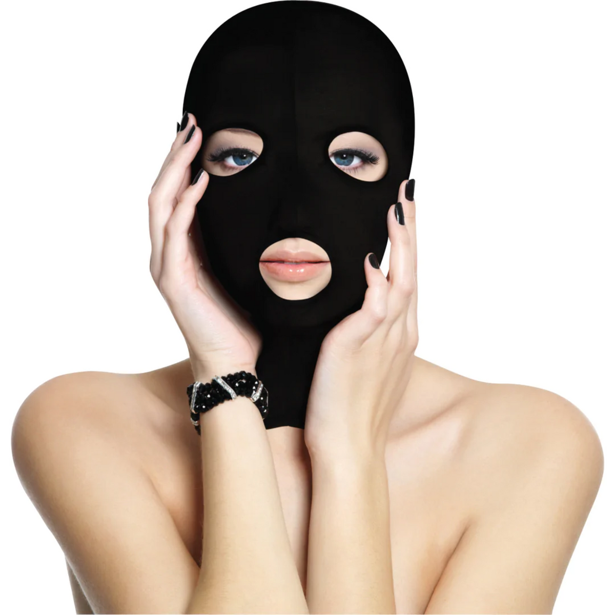 Black balaclava-style mask with three openings (eyes and mouth) worn by a person with dark nail polish and a bracelet. 