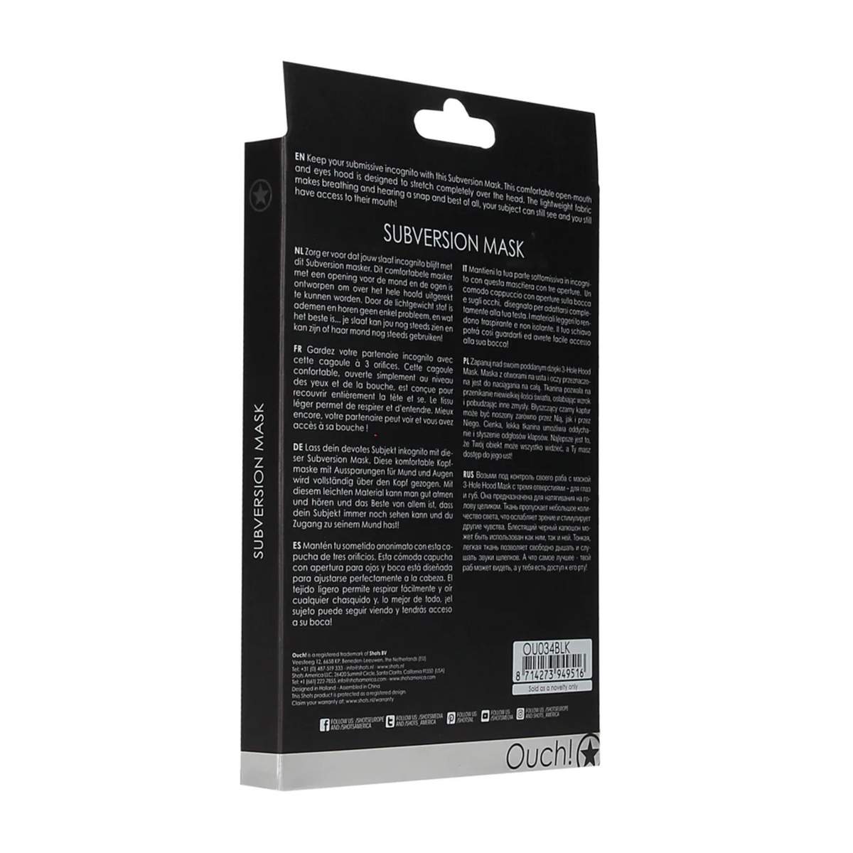 Back of the black "Shots Ouch! Subversion Mask" product packaging, showing multilingual product descriptions.