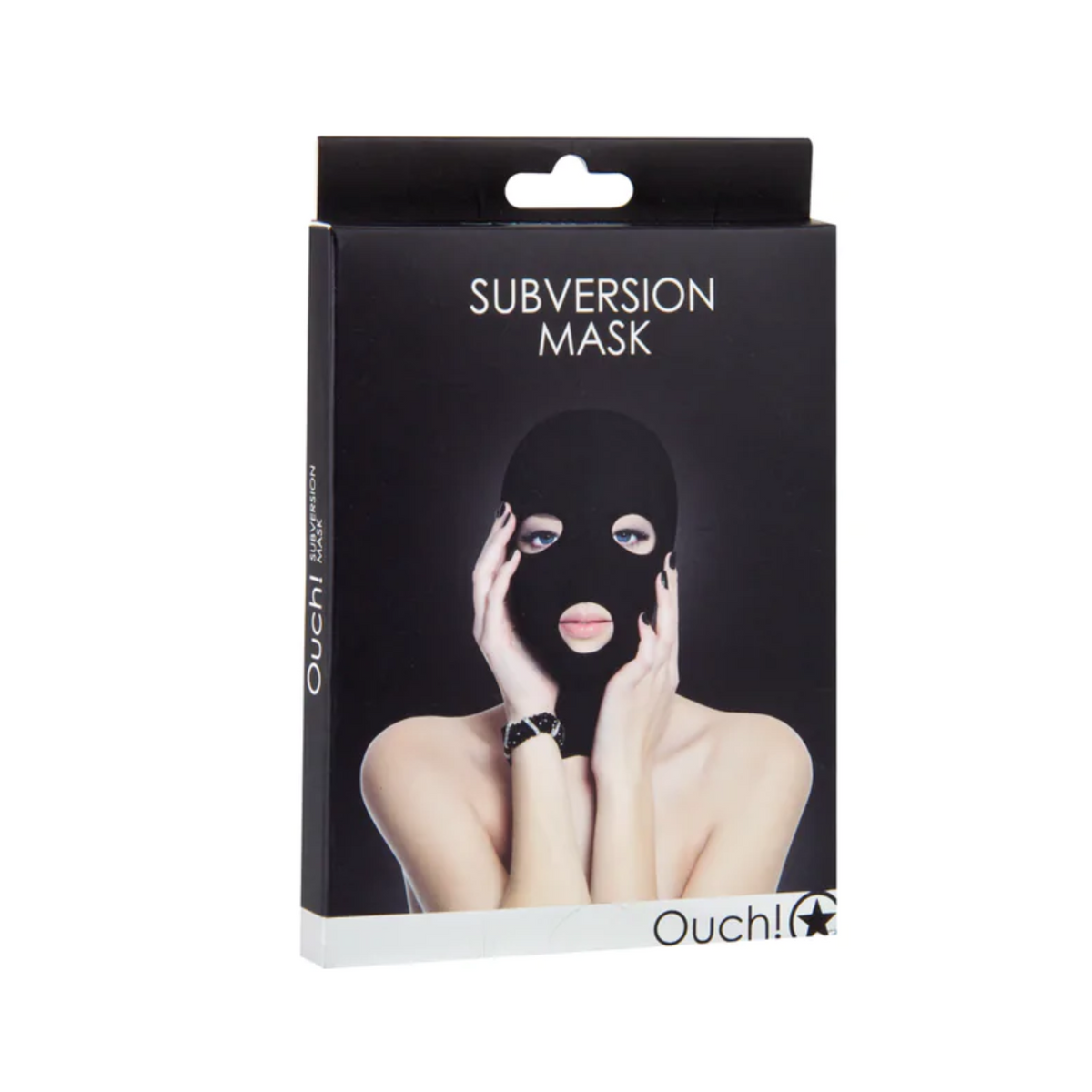 Front of the black "Shots Ouch! Subversion Mask" product packaging, featuring a photo of a person wearing the mask. Main image