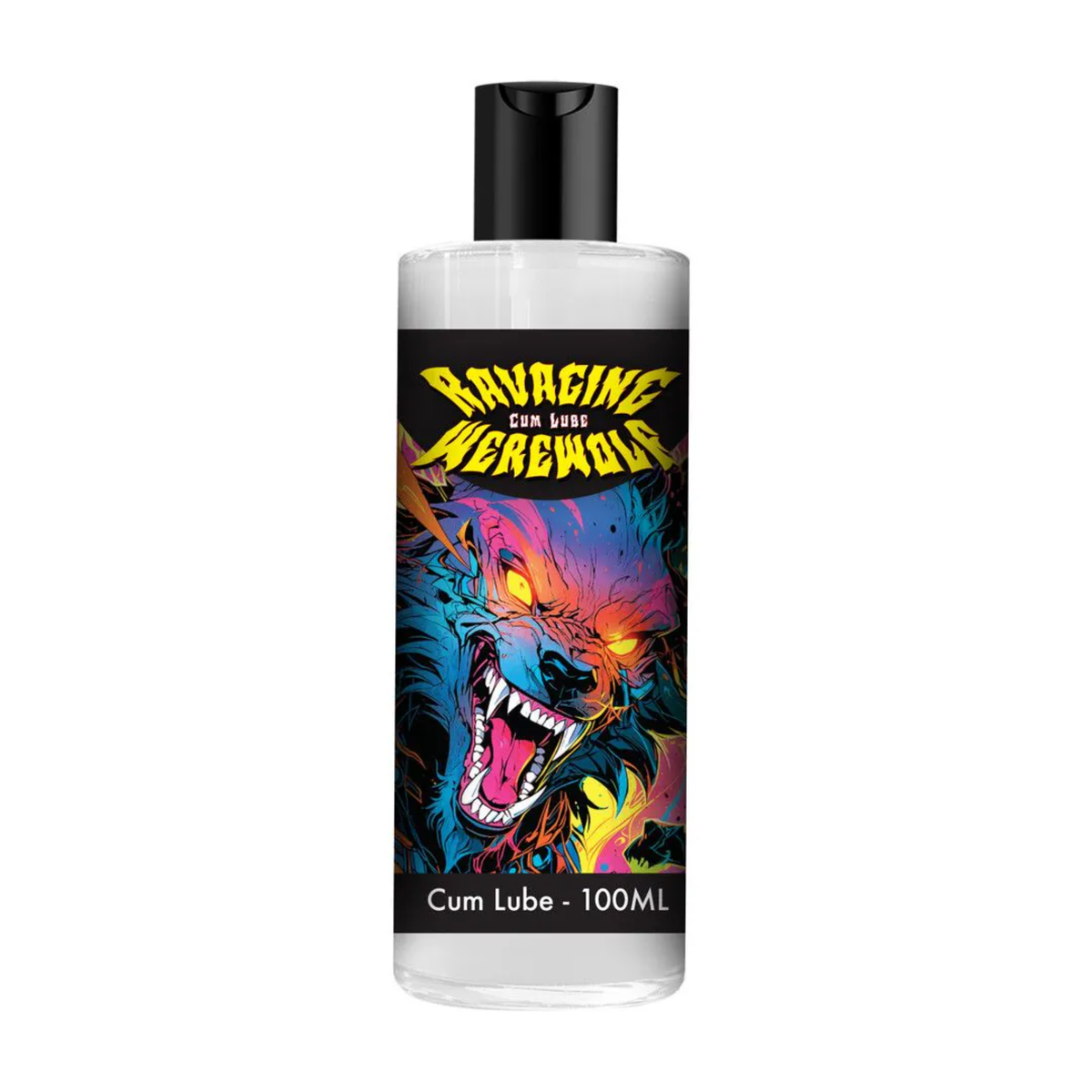 Front studio shot of the clear bottle filled with milky-white lubricant, featuring a vibrant, colorful illustration of a snarling werewolf beneath yellow logo text reading "Ravaging Werewolf Cum Lube". Main image