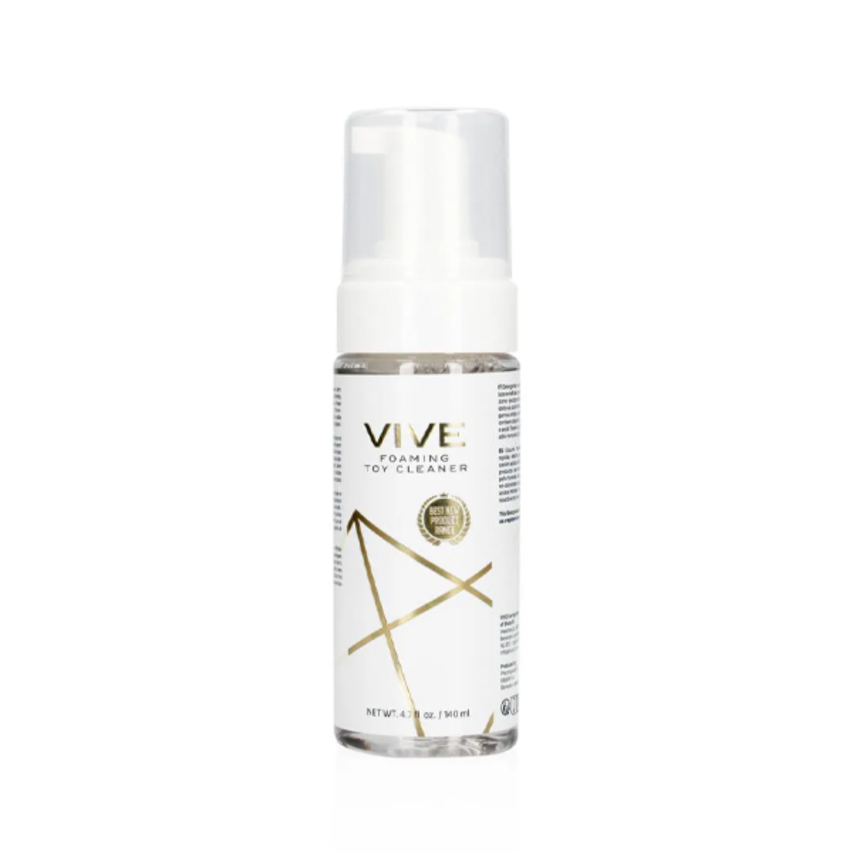 Direct studio view of the 140 ml (4.7 fl oz) clear bottle of Shots Vive Foaming Toy Cleaner featuring geometric gold geometric accent design and white foam pump top. Main image
