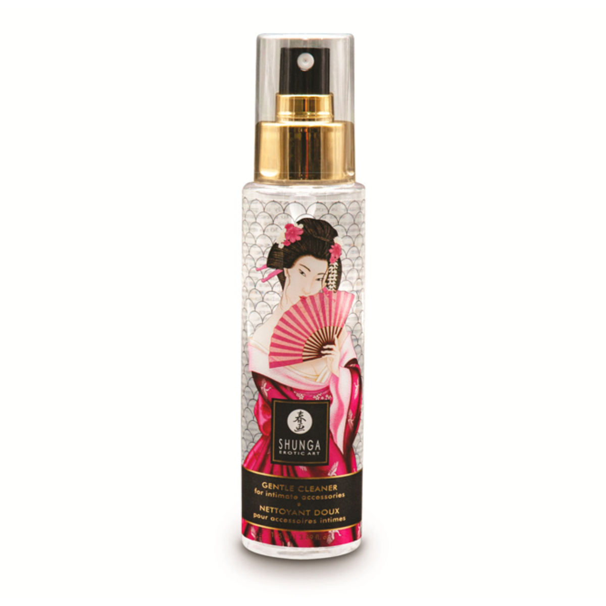 Front studio view of the 115 ml (3.89 fl oz) clear spray bottle of Shunga Gentle Toy Cleaner, decorated with traditional Japanese artwork, gold metallic spray neck, and a clear protective cap. Main image