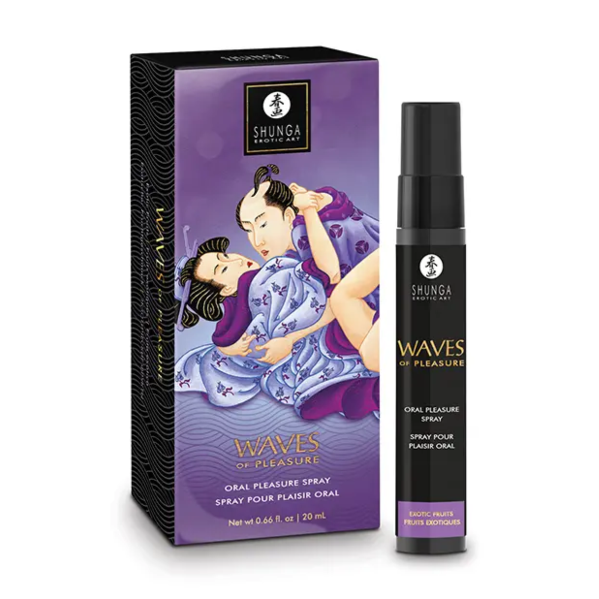 Direct studio view of the 20 ml (0.66 fl oz) black spray bottle standing next to its purple Japanese-inspired artistic packaging box featuring traditional art. Main image