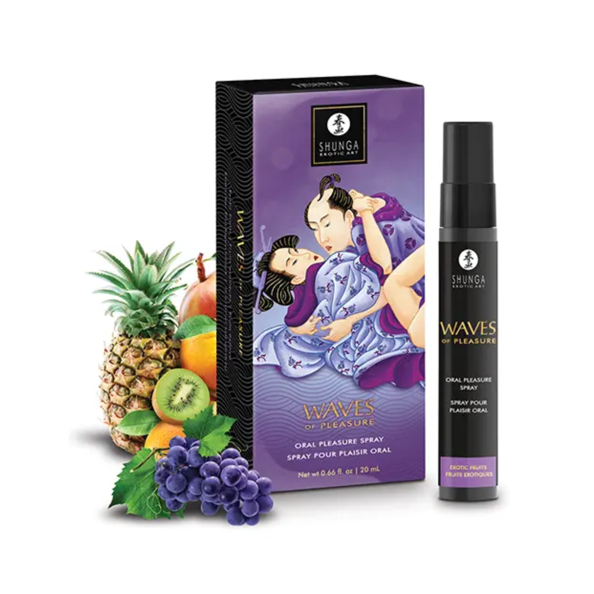 Product arrangement graphic showing the packaging box and spray bottle alongside an assortment of tropical fruits, including a whole pineapple, sliced kiwi, oranges, and purple grapes.