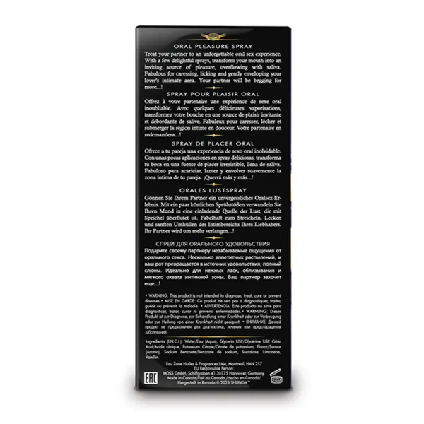 Back panel view of the packaging box displaying multi-language product information, warnings, ingredients list, barcode, and manufacturer details.
