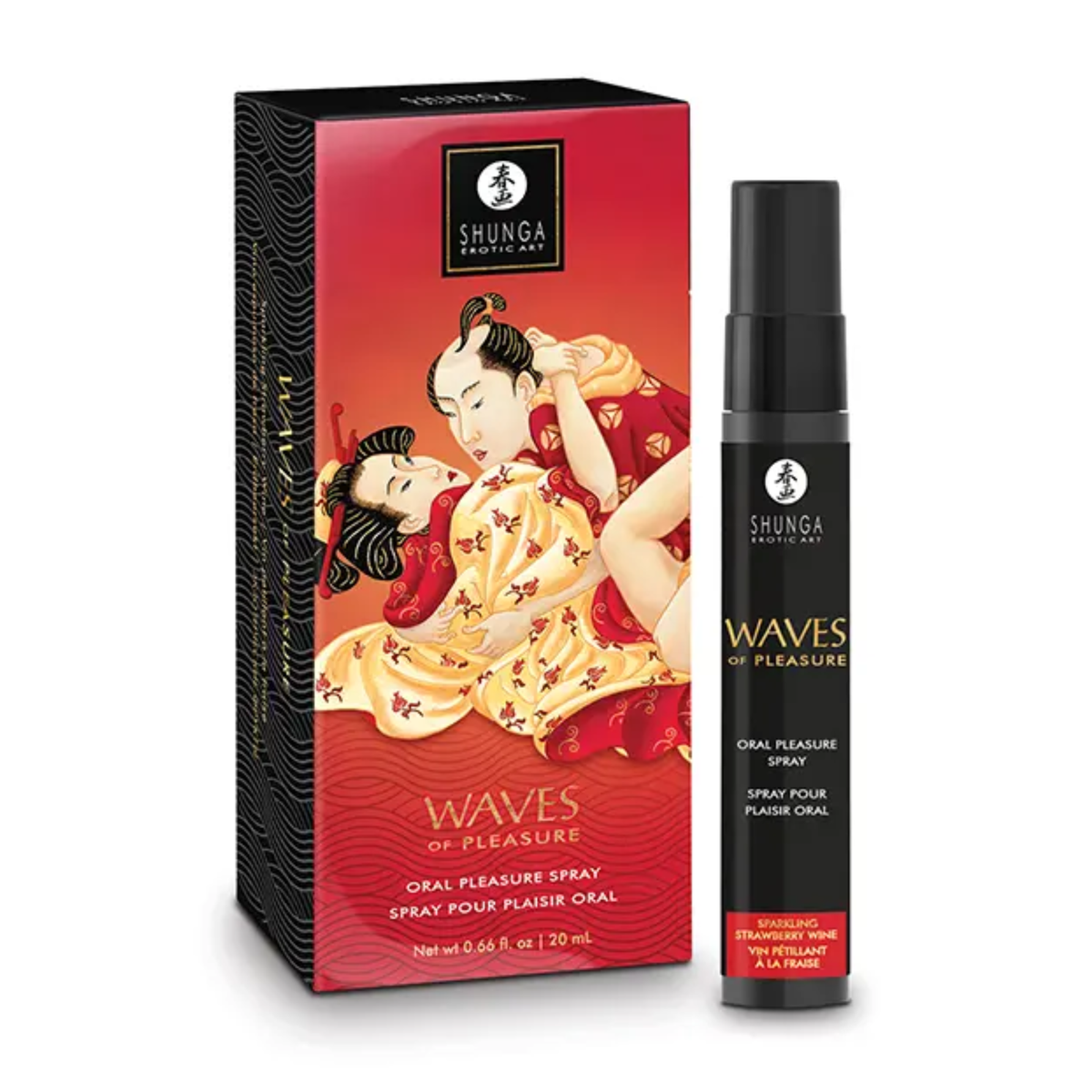 Direct studio shot of the 20 ml (0.66 fl oz) black spray bottle standing next to its red Japanese-inspired artistic packaging box. Main image