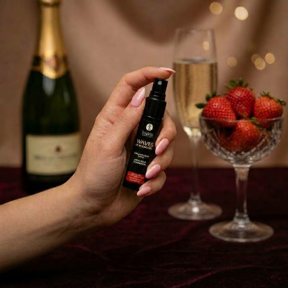 Lifestyle product shot showing a hand holding the spray bottle with fresh strawberries, a champagne flute, and a wine bottle blurred in the background.