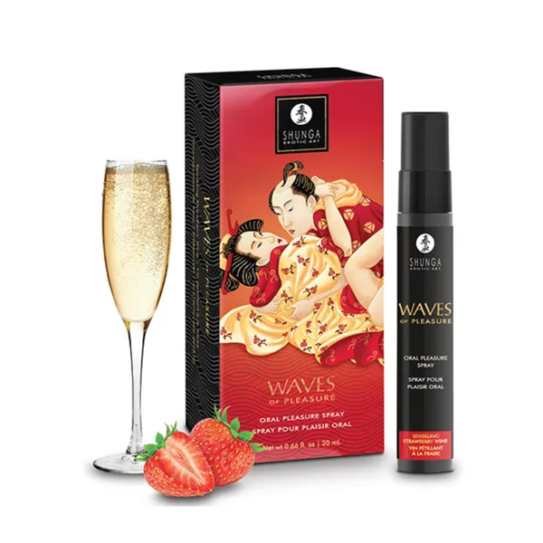Product presentation graphic showing the packaging box and spray bottle alongside a glass of sparkling wine and fresh strawberries.