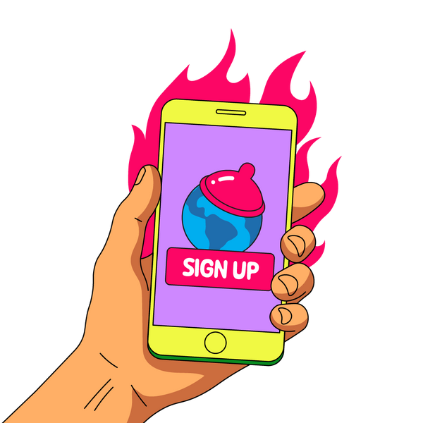 Hand holding a smartphone with a 'Sign Up' button on the screen, surrounded by flames.