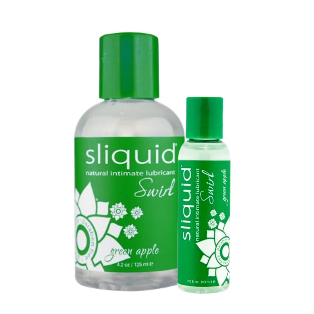 An image of Sliquid Green Apple in 60ml and 125ml bottles in a white background.  Main image