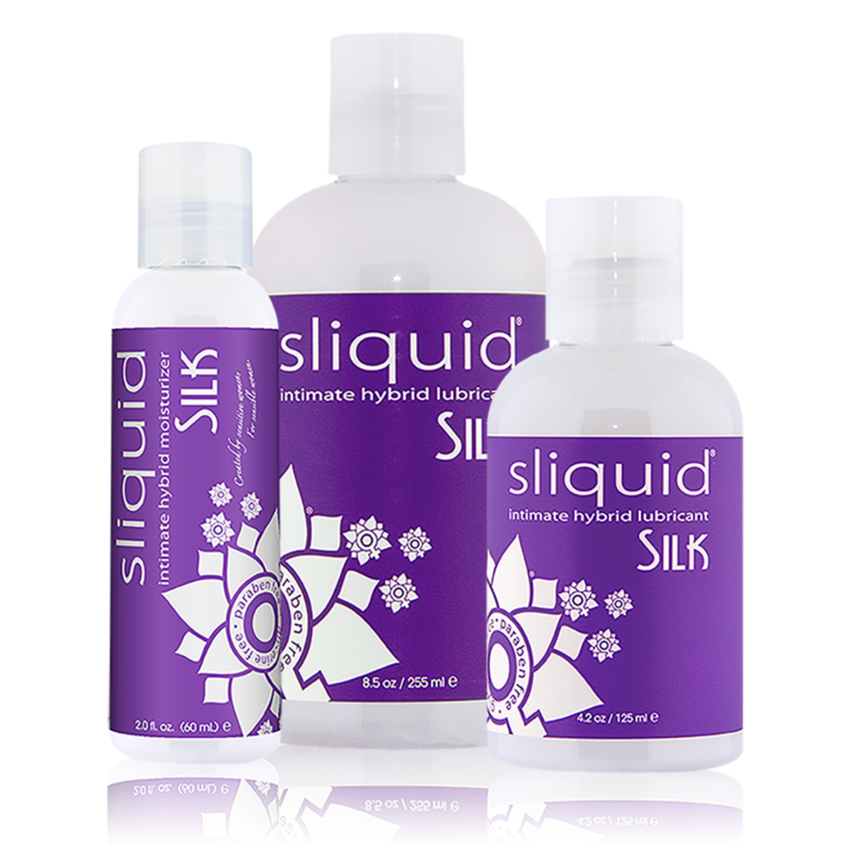 An image of three Sliquid Silk Hybrid lubricants - 60ml, 125ml, and 255ml in a white background.  Main image