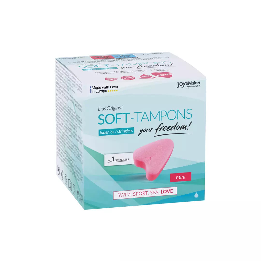 JoyDivision mini-sized stringless Soft-Tampons. The box features an image of the pink, heart-shaped tampon. Main image