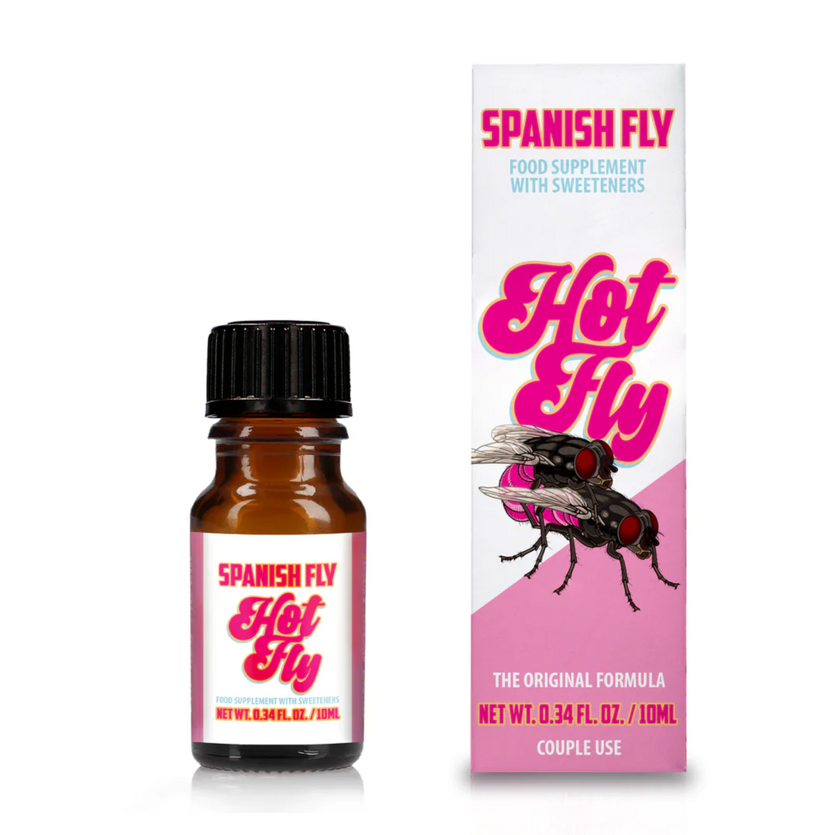A small, brown dropper bottle of Spanish Fly Hot Fly 0.34 fl. oz./10 ml stands next to its retail box. Both the bottle label and the box feature a bright pink and white design with bold, script text.  Main image