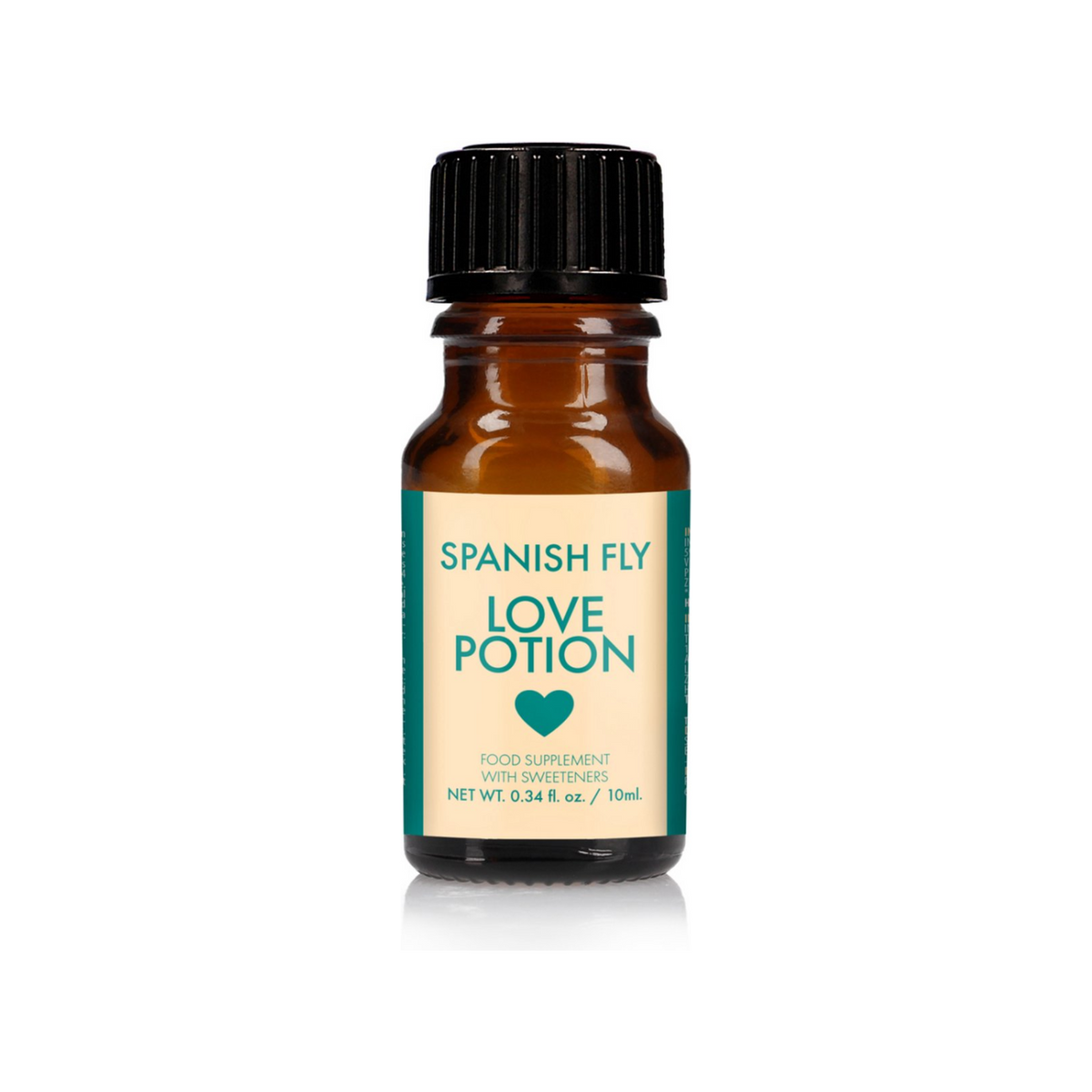 An image of a small, brown dropper bottle with a black cap. The label is white and teal with a heart, reading "SPANISH FLY LOVE POTION 0.34 fl. oz. / 10 mL.".