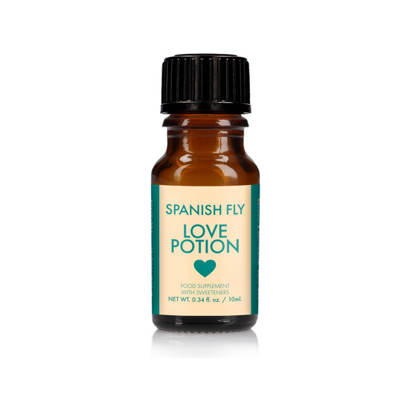 An image of a small, brown dropper bottle with a black cap. The label is white and teal with a heart, reading "SPANISH FLY LOVE POTION 0.34 fl. oz. / 10 mL.".