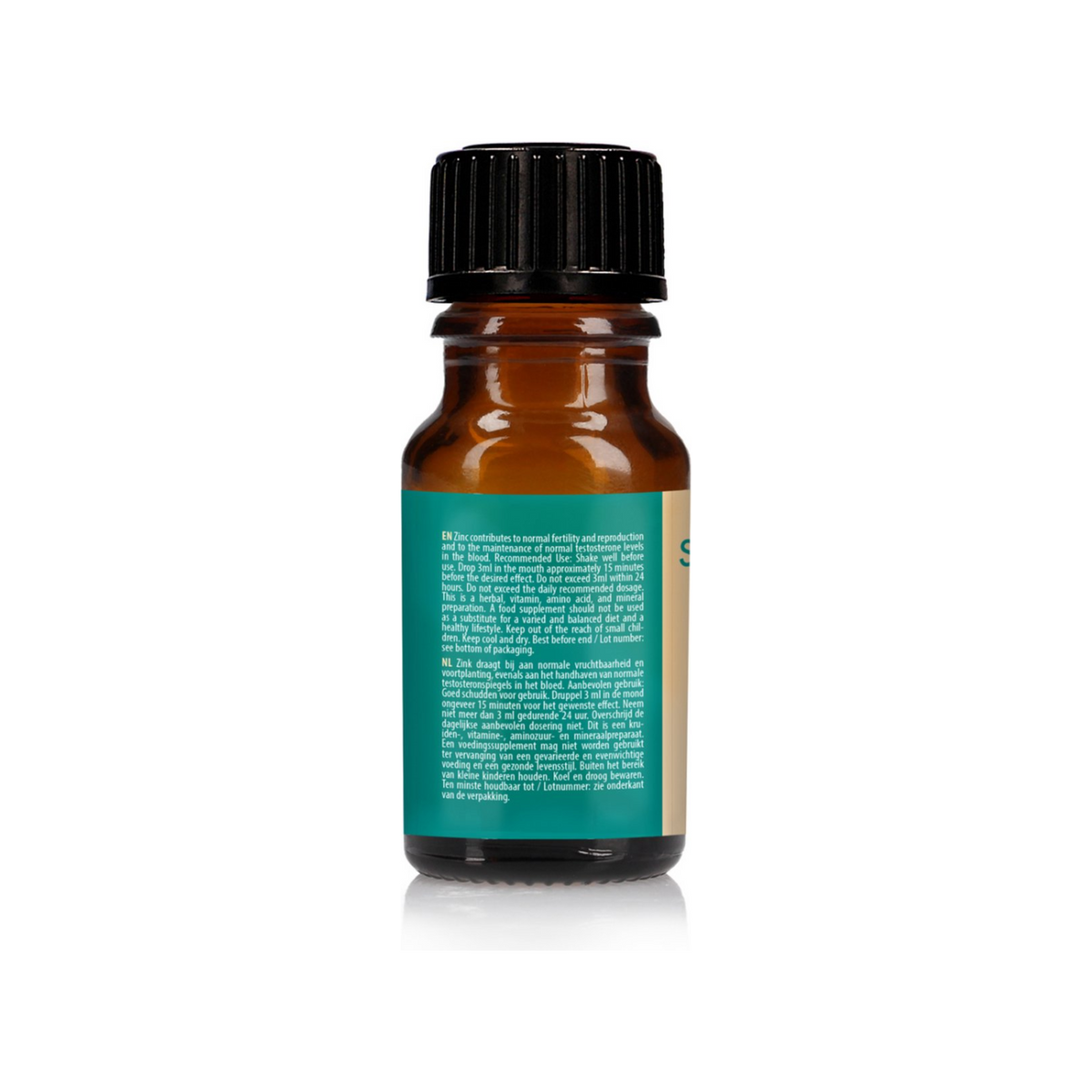 An image of the back of the small, brown dropper bottle with a black cap. The picture is of "SPANISH FLY LOVE POTION 0.34 fl. oz. / 10 mL.".