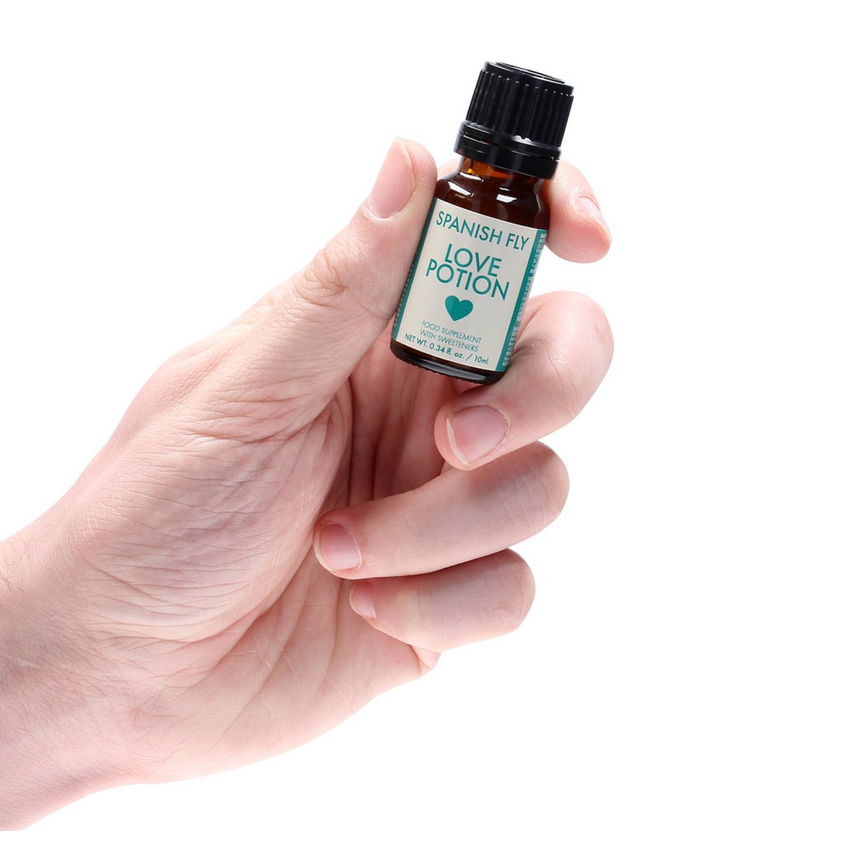 A person's hand is holding the small, brown dropper bottle of "Spanish Fly Love Potion." 