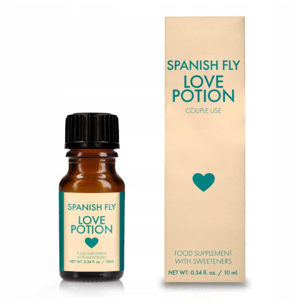 A small, brown dropper bottle of "Spanish Fly Love Potion" stands next to its retail box. The bottle label and box share a teal and beige design with a heart icon. The package indicates it is a "FOOD SUPPLEMENT WITH SWEETENERS," 0.34 fl. oz./10 mL.