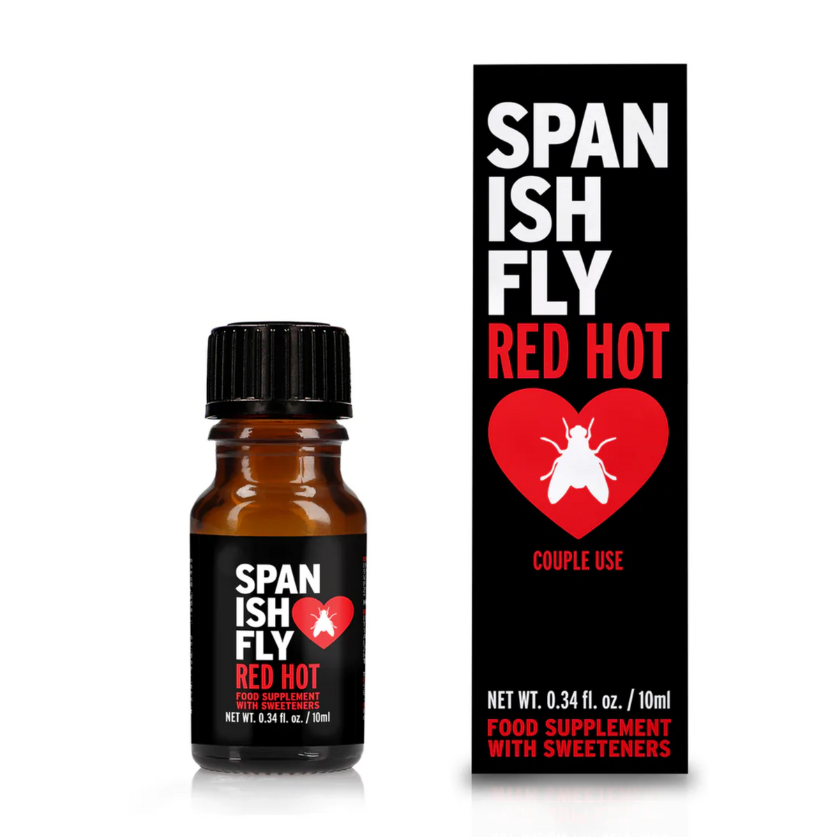 A small, dark brown dropper bottle of Spanish Fly Red Hot stands next to its black and red retail box. Both the bottle label and the box feature a red heart with a white fly graphic inside. The packaging identifies the product as a "FOOD SUPPLEMENT WITH SWEETENERS" and specifies the contents as 0.34 fl. oz./10 mL. Main image