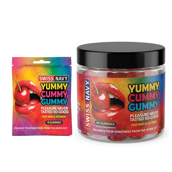 Studio composition showing both retail formats side-by-side: the 4-count sample pouch and the 60-count supplement jar.