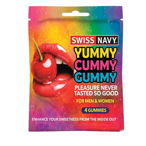 Front packaging view of the colorful 4-count Swiss Navy Yummy Cummy Gummy foil pouch featuring cherry artwork, red lips, and the tagline "Pleasure Never Tasted So Good - For Men & Women".