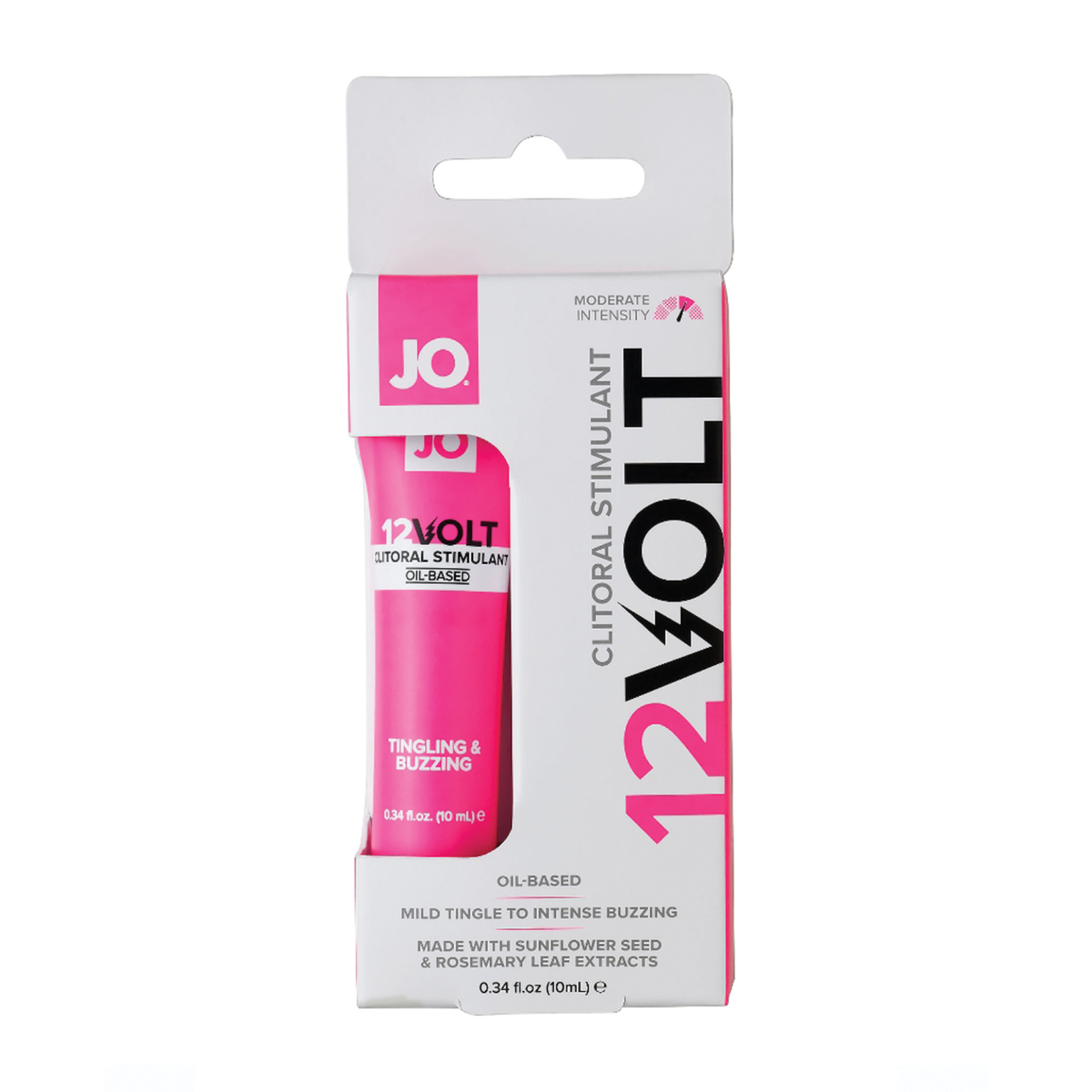 Studio product shot of the System JO 12VOLT Clitoral Stimulant box on a plain white background. The white box features bold pink lettering, a small intensity gauge meter, and a cutout displaying the pink tube inside. Main image