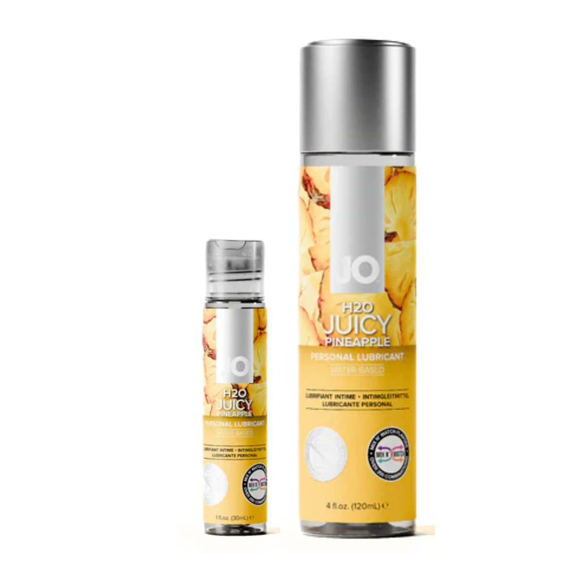 Two bottles of System JO H2O Juicy Pineapple flavored lubricant are displayed side-by-side against a white background, with the smaller 1 fl. oz. bottle on the left and the larger 4 fl. oz. bottle on the right. Both feature clear caps and labels decorated with vibrant chunks of yellow pineapple. Main image