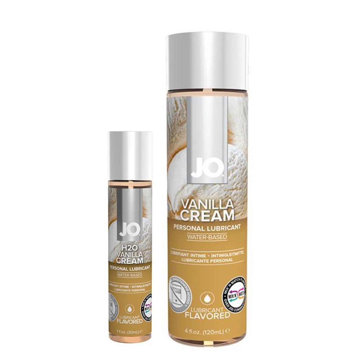Front view of two cylindrical bottles of System JO H2O Vanilla Cream water-based personal lubricant, standing side-by-side against a white background. The smaller 30 ml (1 fl. oz.) bottle is on the left, and the larger 120 ml (4 fl. oz.) bottle is on the right. Both feature clean white caps and a tan-and-brown labeled design showcasing a graphic of a textured scoop of vanilla ice cream behind the prominent white "JO" logo. Main image