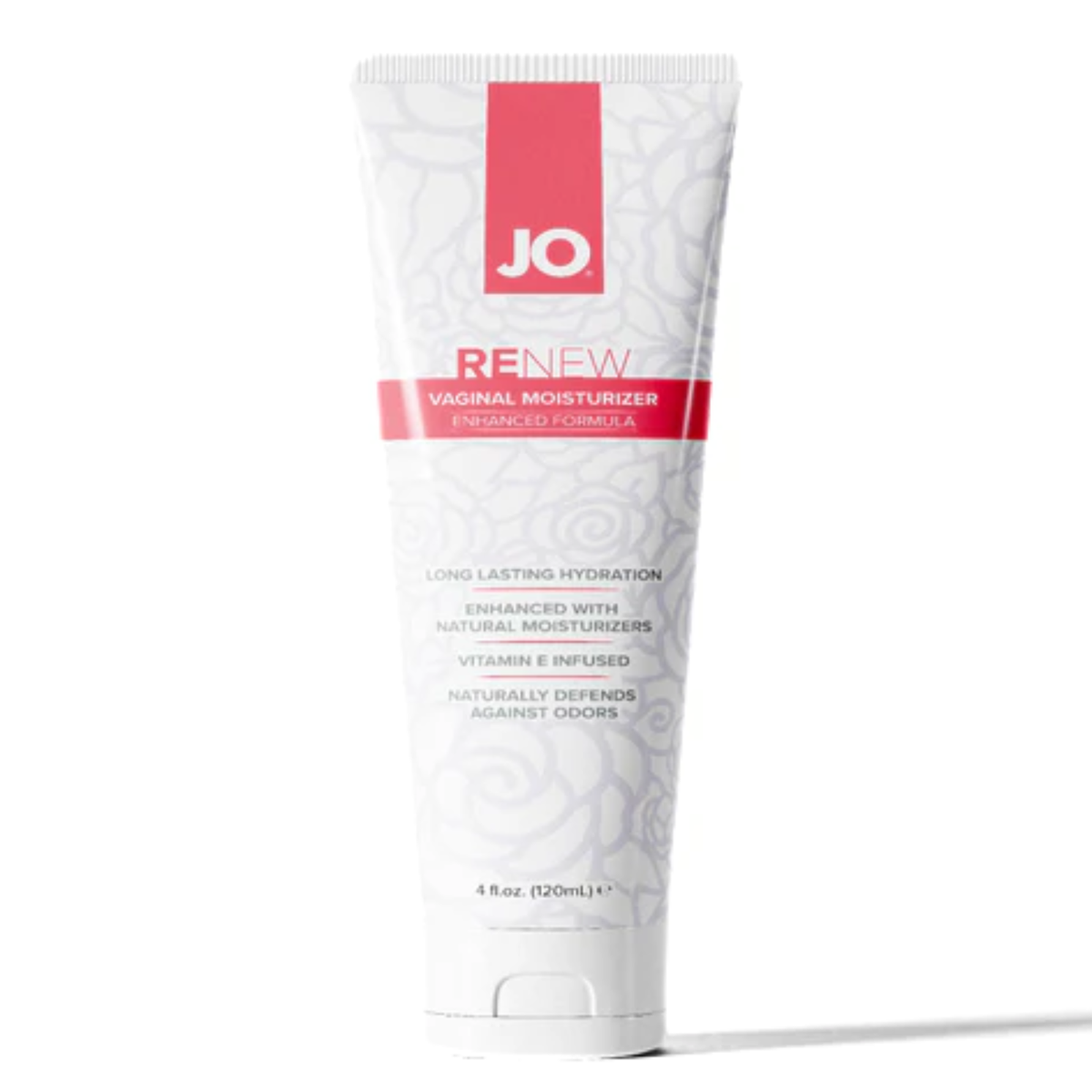 Front view of a white squeezy tube of JO Renew Vaginal Moisturizer (120 ml / 4 fl. oz.). The tube features a prominent red logo at the top reading "JO" in white, followed by "RENEW Vaginal Moisturizer Enhanced Formula" inside a red band. The lower half details key benefits: long-lasting hydration, enhanced with natural moisturizers, Vitamin E infused, and natural odor defense. Main image