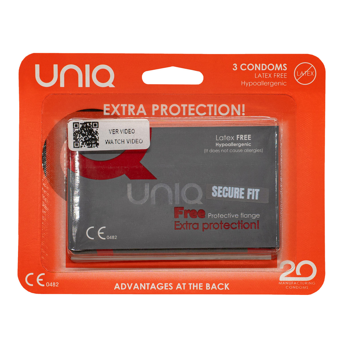 A product shot of a three-pack of UNIQ Free Secure Fit condoms. The packaging is red-orange and white, and features the text "Extra protection!" "Latex FREE Hypoallergenic," and "3 CONDOMS."  Main image