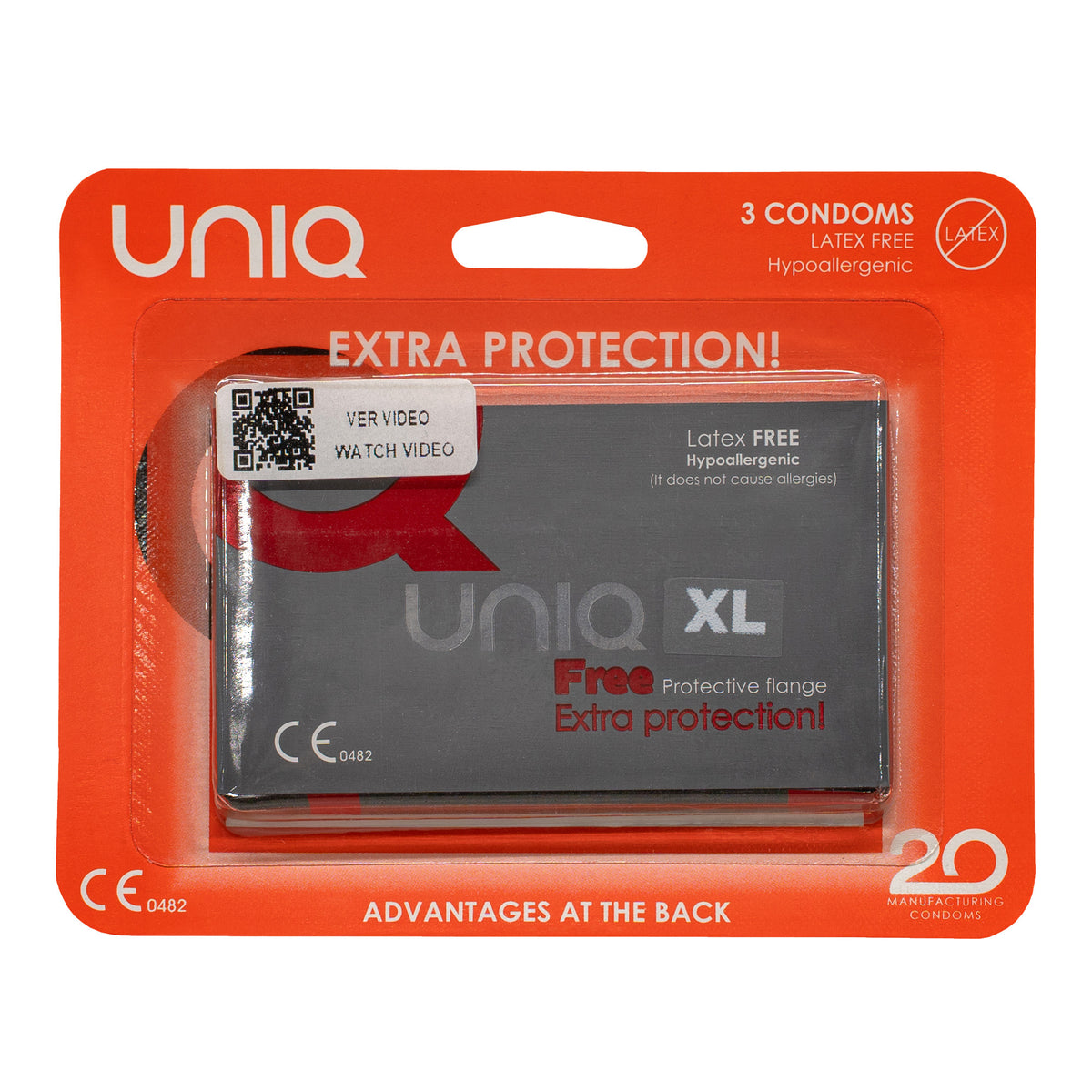 A product shot of a three-pack of UNIQ Free XL condoms. The packaging is a red-orange blister pack holding a gray foil packet. The packet says "Latex FREE Hypoallergenic," "Free Protective flange," and "Extra protection!"