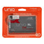 A product shot of a three-pack of UNIQ Free XL condoms. The packaging is a red-orange blister pack holding a gray foil packet. The packet says "Latex FREE Hypoallergenic," "Free Protective flange," and "Extra protection!"