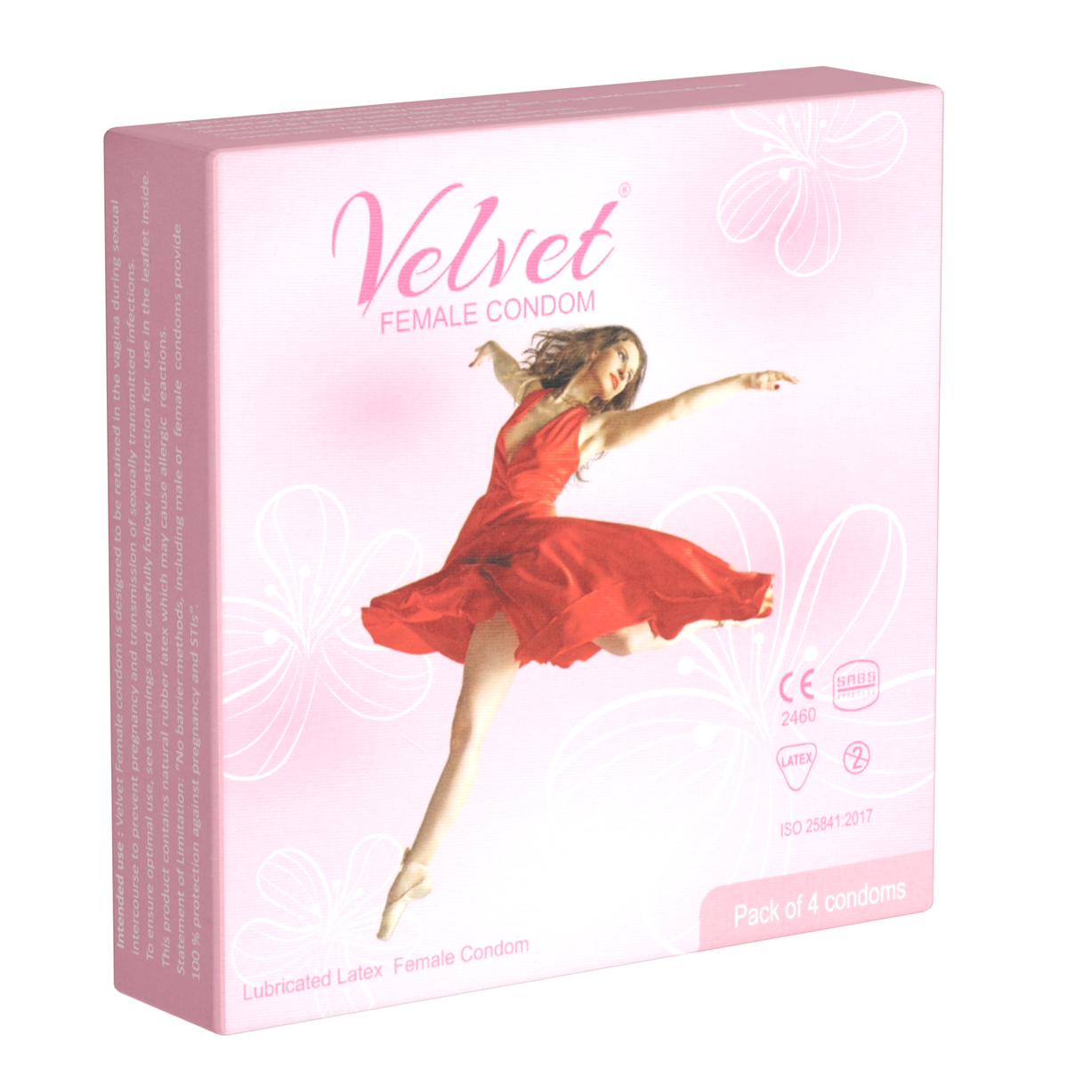 Studio product shot of a light pink Velvet Female Condom 4-pack box standing upright at a three-quarter angle, featuring an image of a dancer in a red dress alongside white floral outlines and product specifications. Main image
