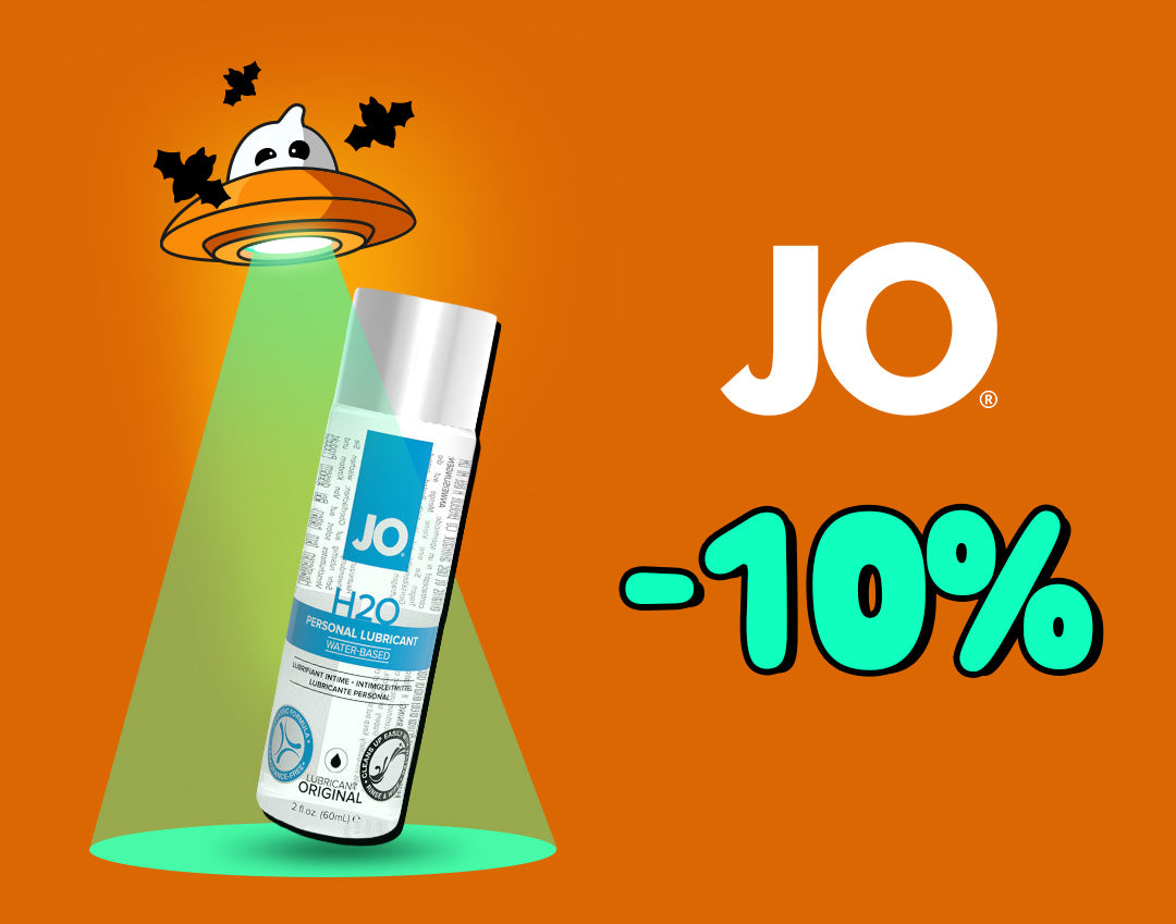 Halloween promotional banner set against an orange background, featuring a ghost pilot in an alien UFO tractor-beaming a bottle of System JO H2O Original Water-Based Lubricant, next to a large white "JO" logo and a cyan "-10%" discount text.