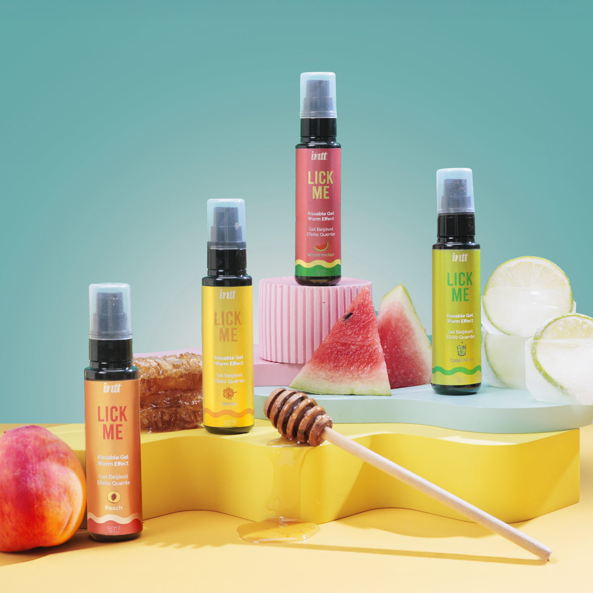 Five 'Lick Me' products on a colorful background with fruits and honeycomb.