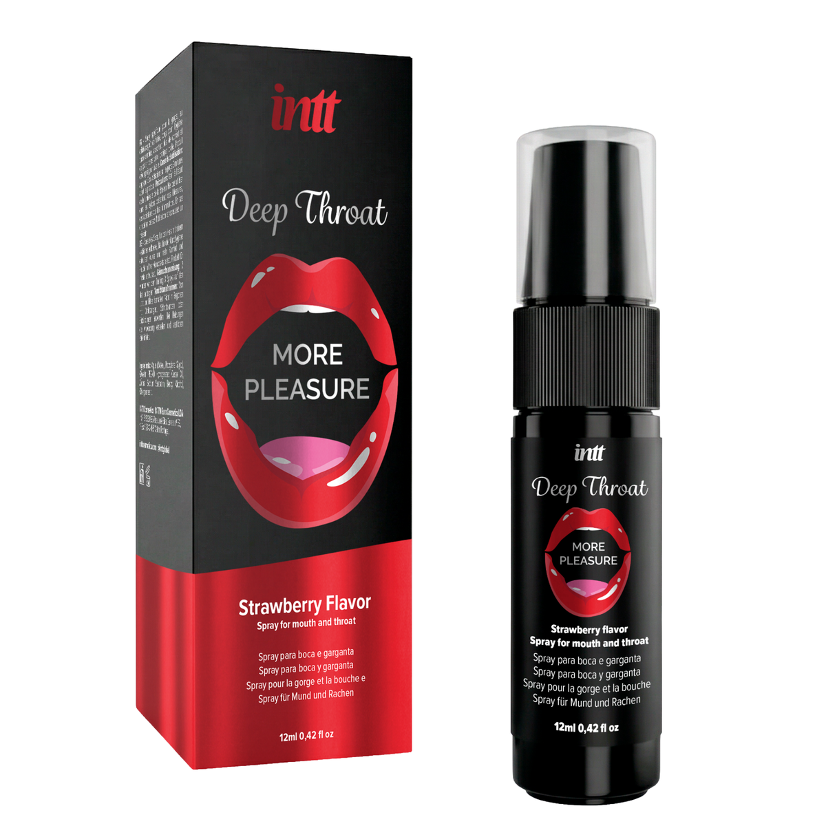 A clean, product-focused shot of the black and red intt Deep Throat Strawberry Oral Spray packaging box alongside the 12 ml black spray bottle, presented on a plain white background.