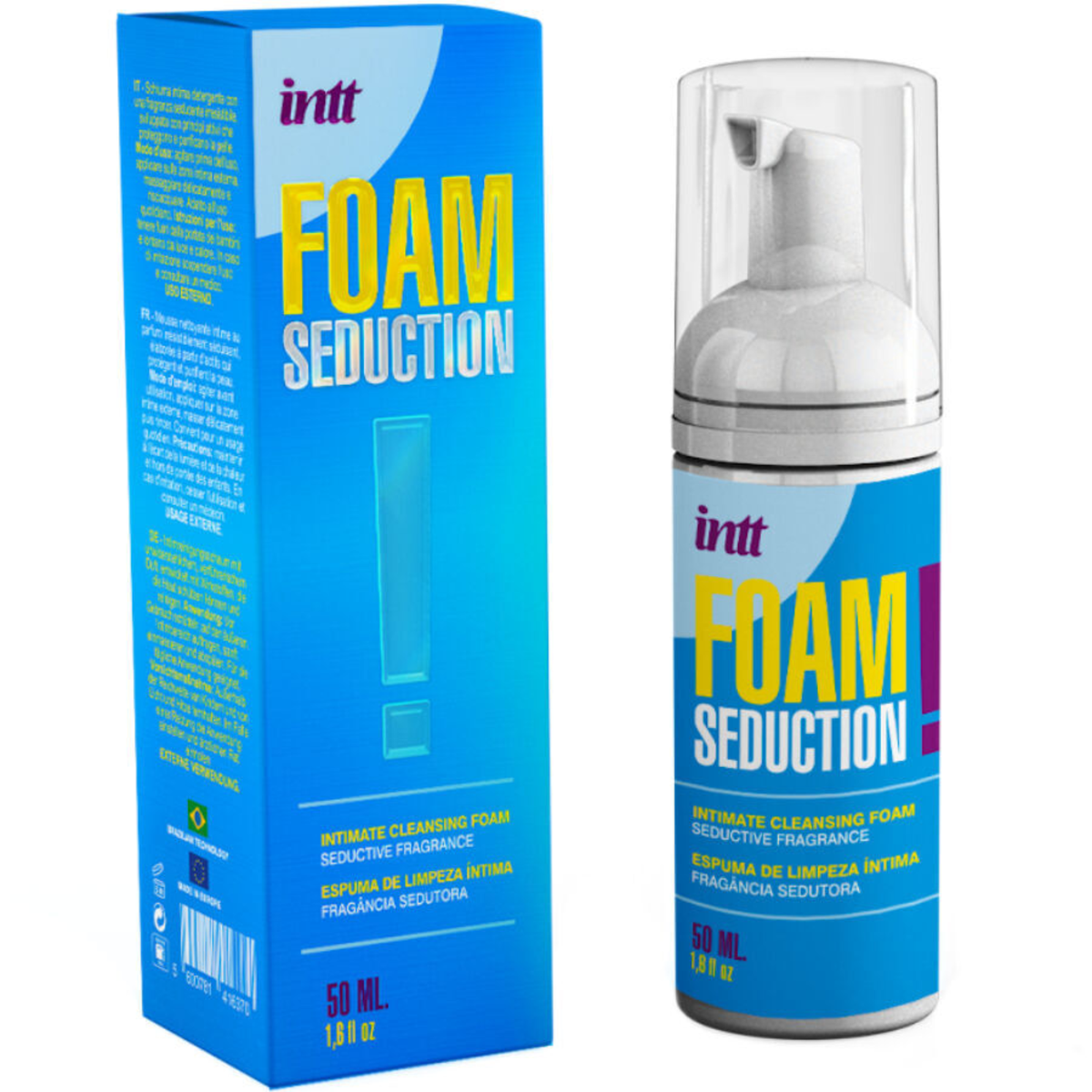 Image showing both the blue intt Foam Seduction Cleansing Foam box and the product bottle side-by-side. Main image