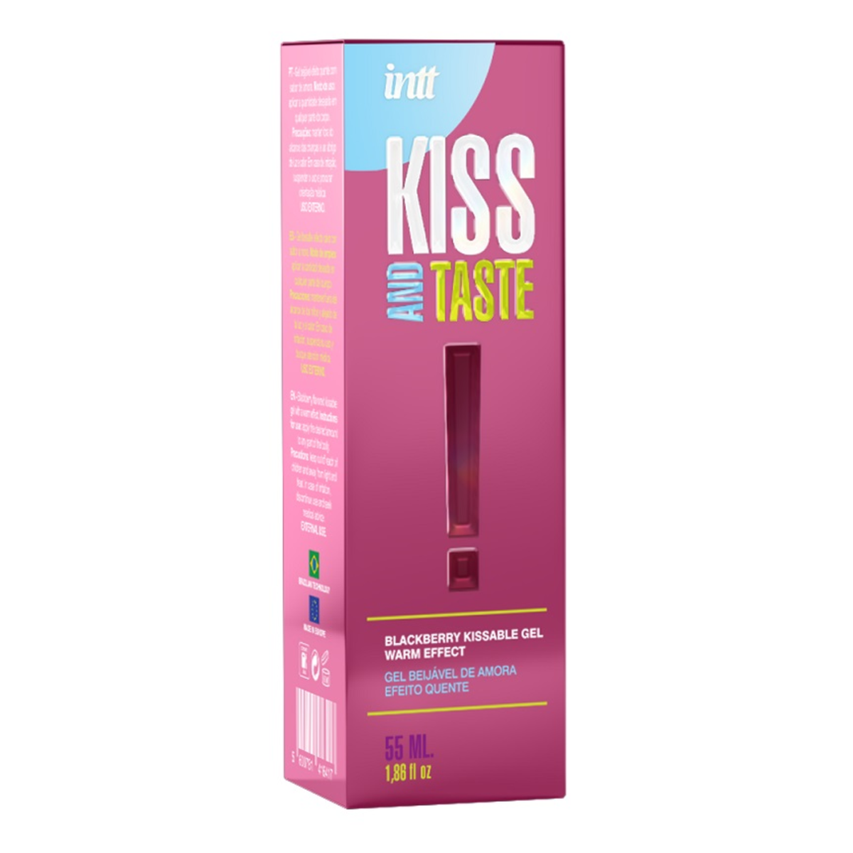 intt Kiss and Taste Blackberry Gel Warming product box in bright pink and purple, with "Blackberry Kissable Gel Warm Effect" text.
