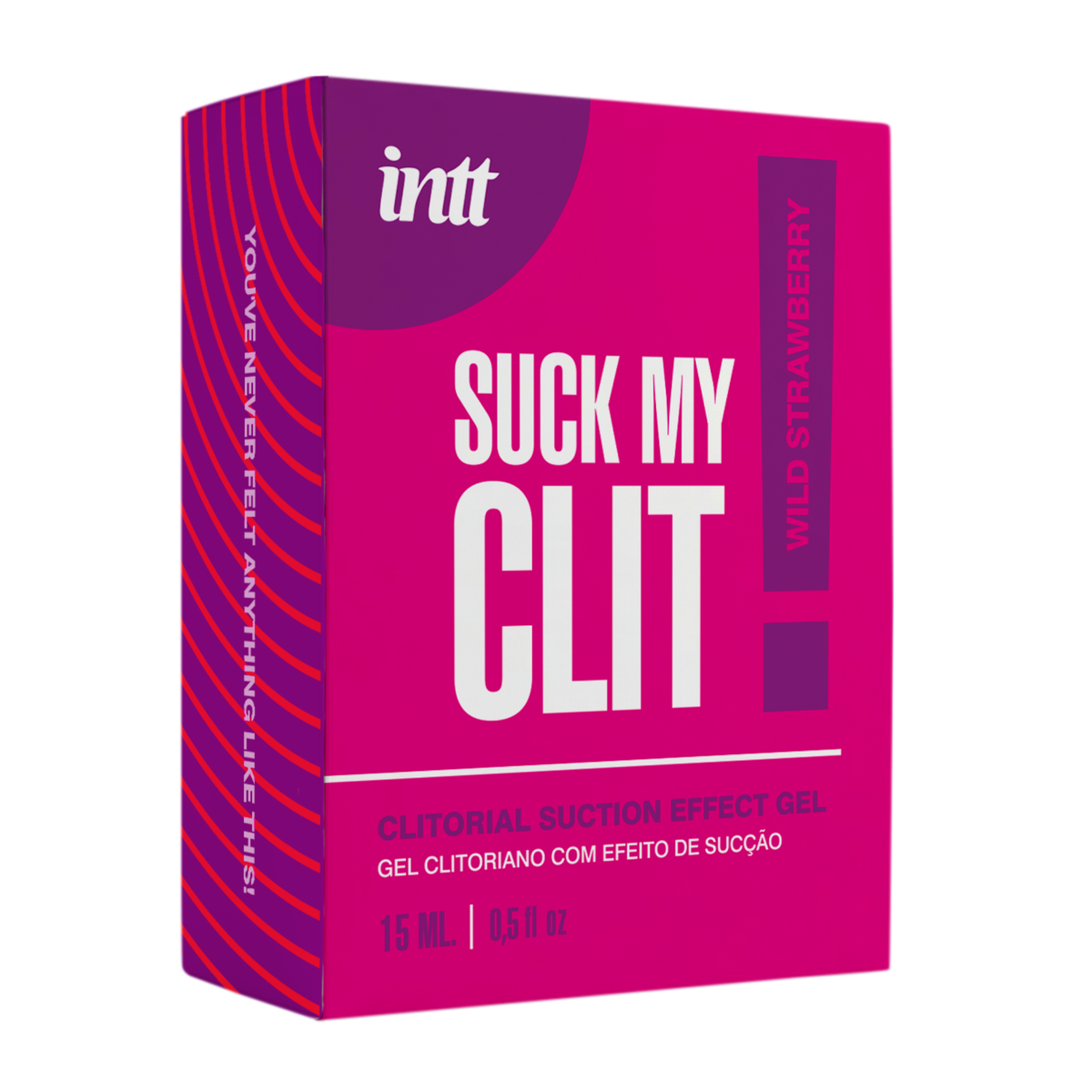 A close-up shot of a hot pink and purple product box for "Intt Suck My Clit" clitoral suction effect gel. The box features bold white lettering and indicates a "Wild Strawberry" flavor and a volume of 15 ml.