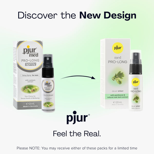 Two packaging designs for pjur med PRO LONG spray, showing the old and new versions.