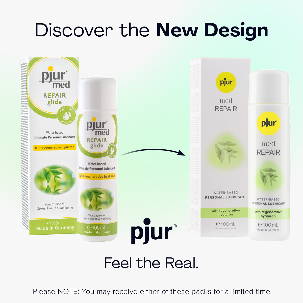 Two packaging designs for pjur med REPAIR glide, showing the old and new versions.