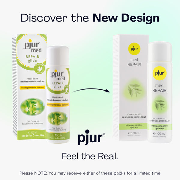 Two packaging designs for pjur med REPAIR glide, showing the old and new versions.