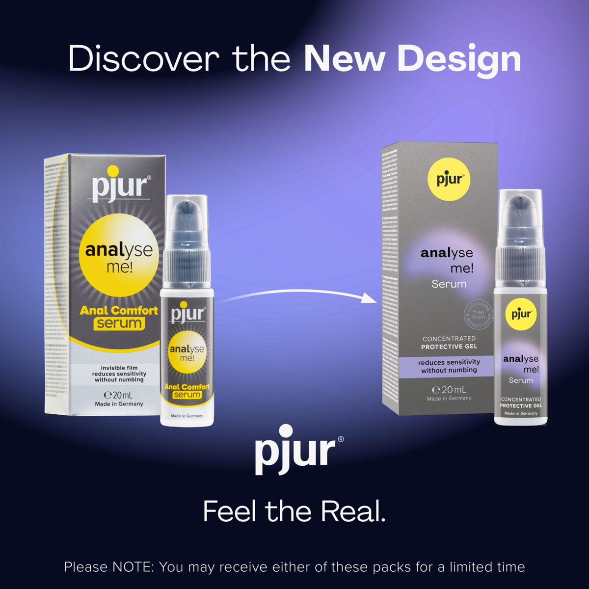 An image showing the transition from the old to the new packaging design for pjur analyse me! Anal Comfort Serum, 20ml. A note at the bottom reads: "Please NOTE: You may receive either of these packs for a limited time.