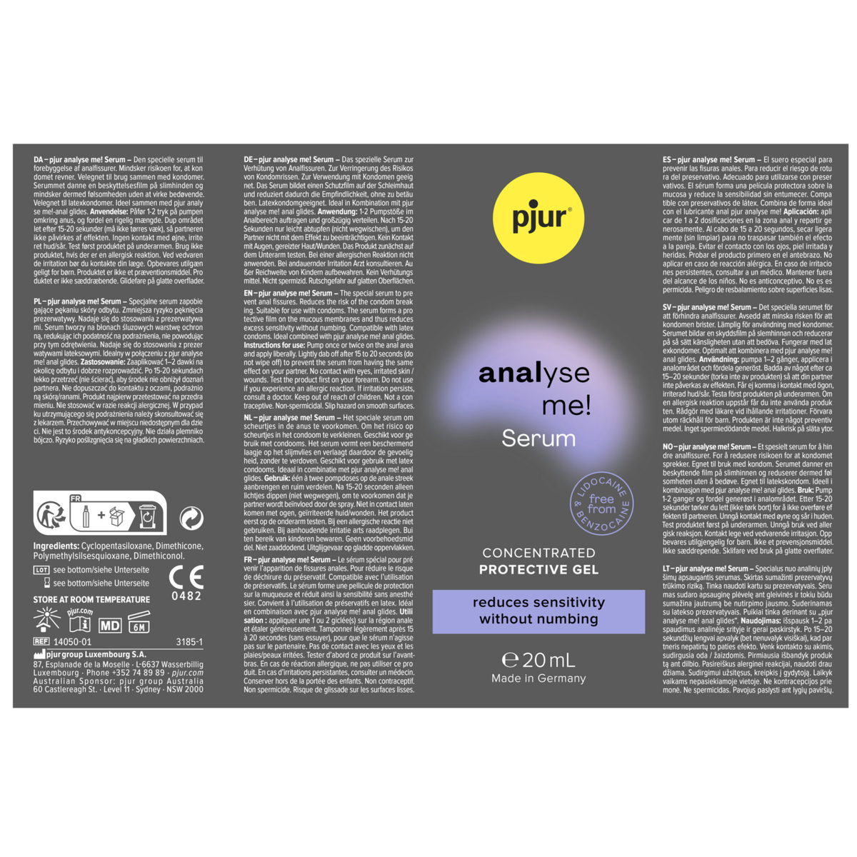 A product image showing the packaging details for the pjur analyse me! Serum CONCENTRATED PROTECTIVE GEL, 20ml. The front features the pjur logo and the product name. The surrounding text includes multilingual instructions and warnings and other company information.