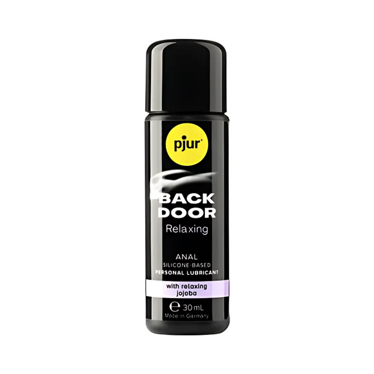 A single black bottle of Pjur Back Door 30ml personal lubricant is centered against a white background. The bottle has a yellow circular "pjur" logo at the top Main image