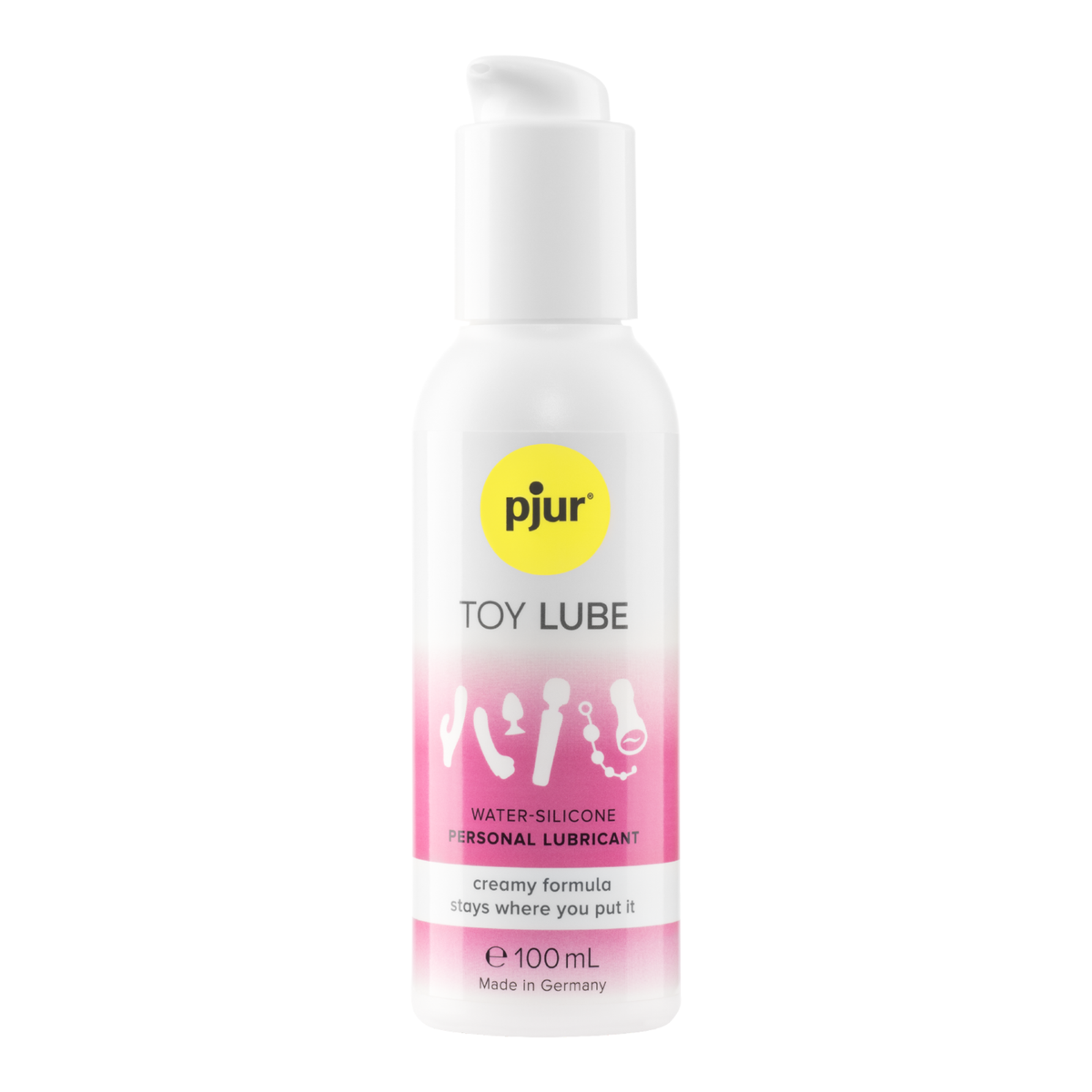 Front studio view of the 100 ml (3.38 fl oz) white pump bottle of Pjur Toy Lube water-silicone personal lubricant with pink branding. Main image