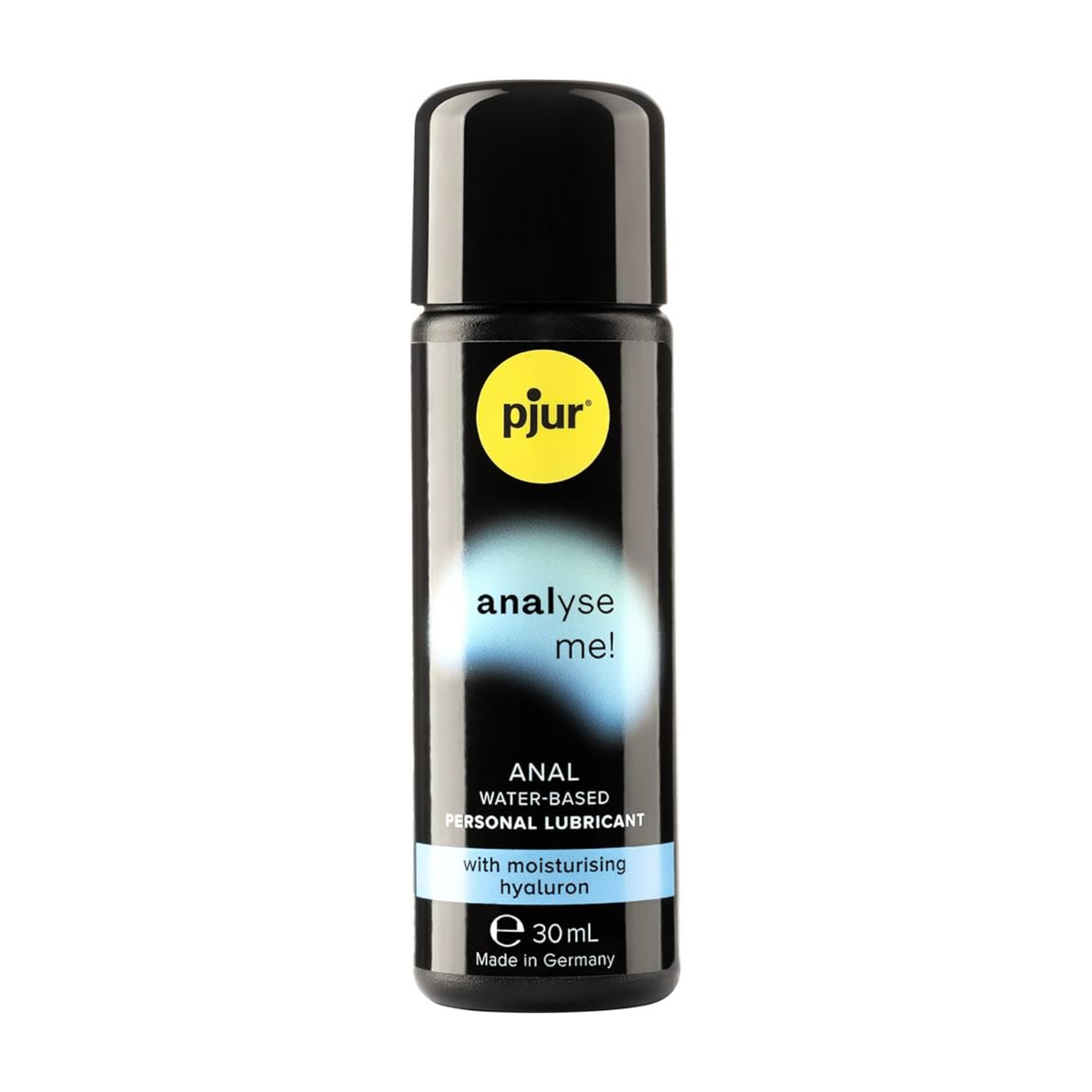 A black bottle of pjur analyse me! anal water-based personal lubricant 30ml with a yellow logo and teal accents on a white background.
